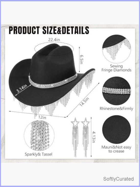 Cowgirl Hat Set with Rhinestone Fringe Hat Belt Earrings Bandana main image 7
